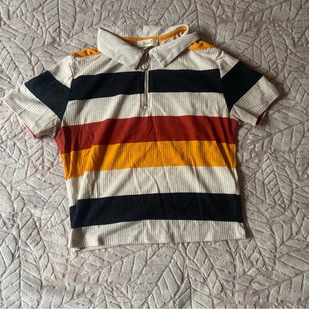 Love J  White, Orange, Black, & Red Crop Top. Zipper Style